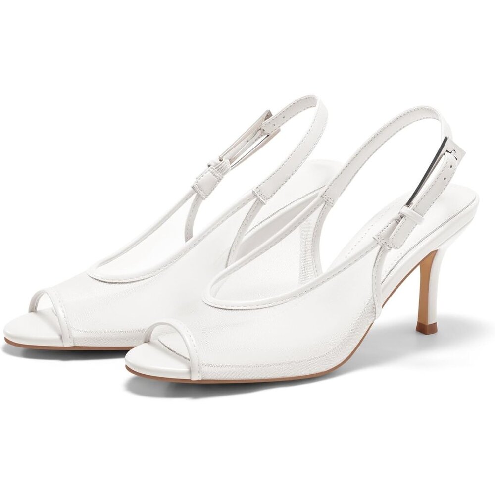 Women's White Slingback High Heels Open Peep Toe Mesh Sandal Buckle Dress Shoes